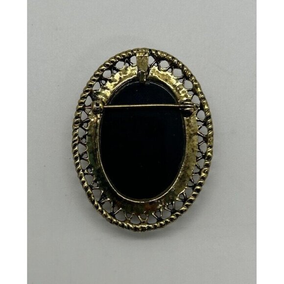 Vintage Cameo Brooch Black & Gold Oval Victorian Style Pin 2 inches - Picture 4 of 9